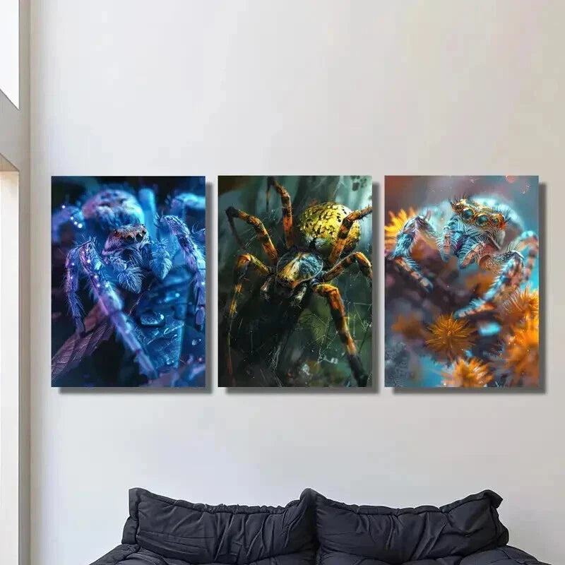 3pcs Blue Orange Illusion Spider Wall Art Set Canvas Framed 40x60cm - High Quality Print 100% Australian Made Wall Canvas Ready to Hang