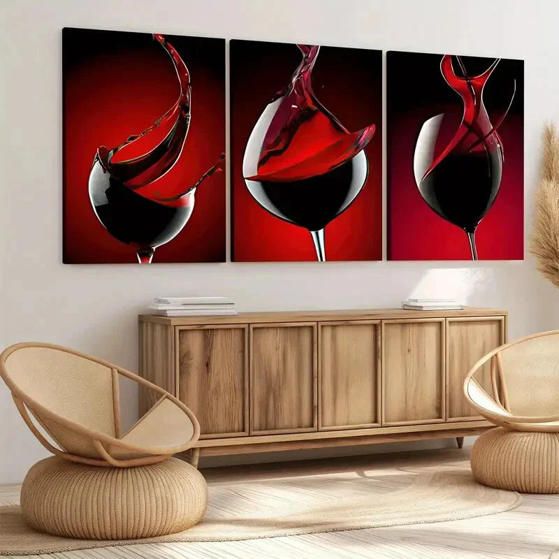 3pcs Red Wine Glass Black Stunning Red Wall Art Set Canvas Framed 40x60cm - High Quality Print 100% Australian Made Wall Canvas Ready to Hang