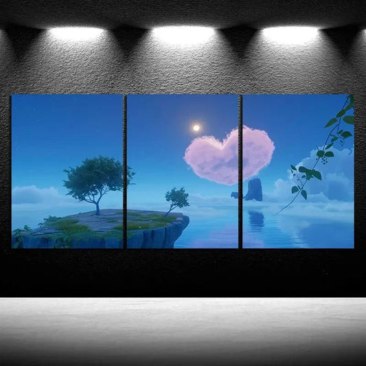 3pcs Heart Clouds Mountain Moon Nature Metal Print Ready to Hang Art