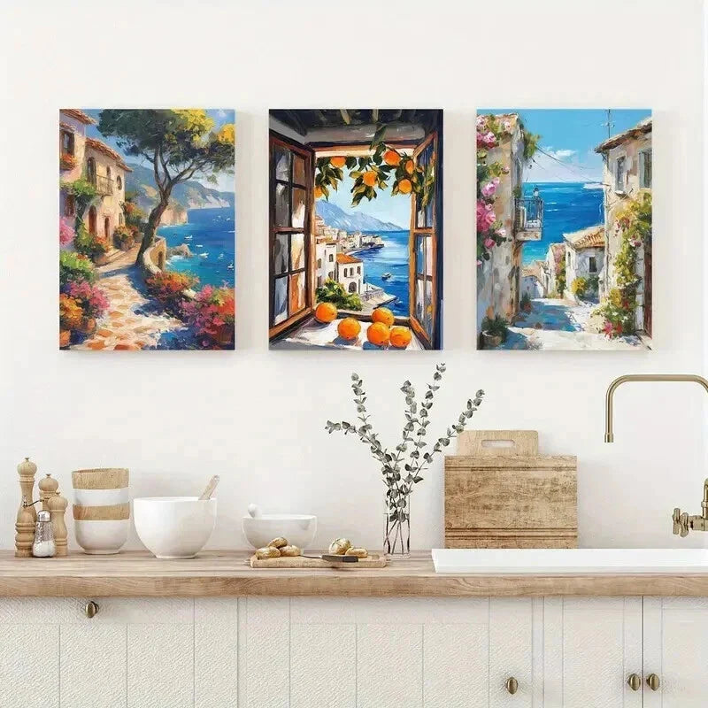 3pcs Mediterranean Orange Windows Wall Art Set Canvas Framed 40x60cm - High Quality Print 100% Australian Made Wall Canvas Ready to Hang