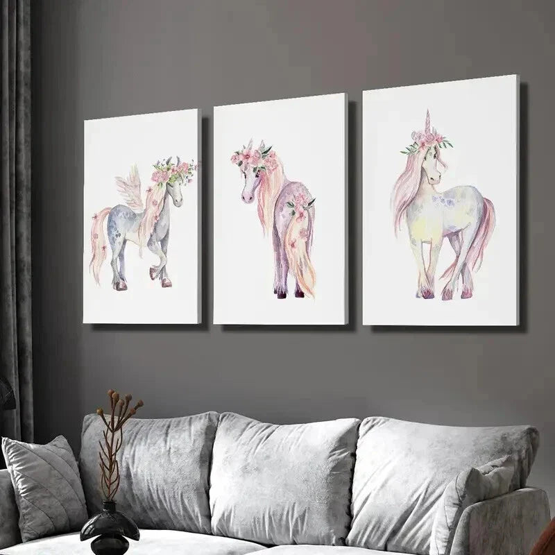 3pcs Pink Floral Unicorn Portrait Wall Art Set Canvas Framed 40x60cm - High Quality Print 100% Australian Made Wall Canvas Ready to Hang