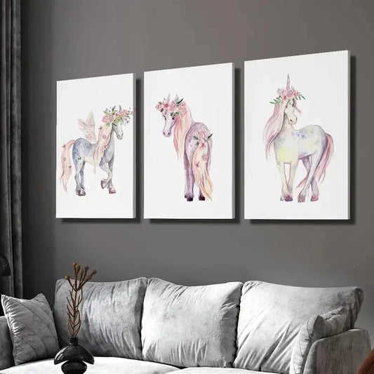 3pcs Pink Floral Unicorn Portrait Wall Art Set Canvas Framed 40x60cm - High Quality Print 100% Australian Made Wall Canvas Ready to Hang