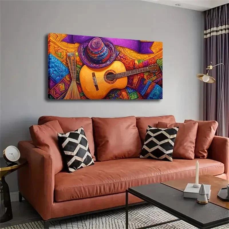 Vibrant Acoustic Guitar Color Wall Art Canvas Office Home Room Framed 80x45cm