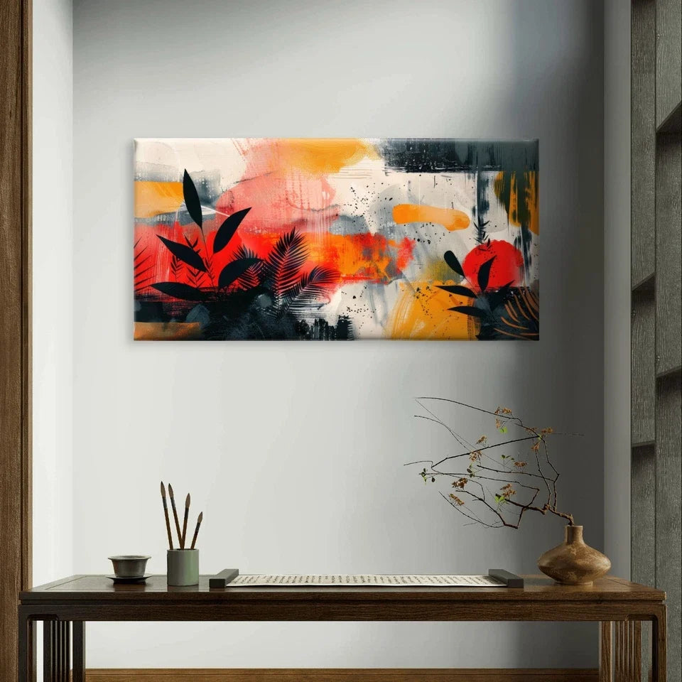 Leaves Silhouette and Sunset Paint Wall Art Canvas Office Home Framed 120x60cm