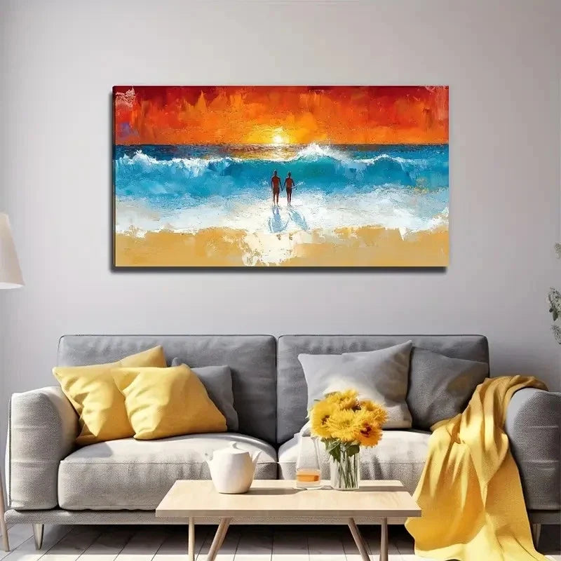 Wave Beach Sunrise Suitable Wall Art Canvas Office Home Room Framed 120x60cm