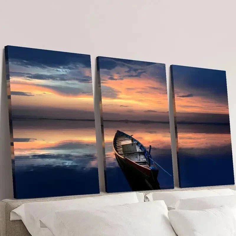 3pcs Boat on Middle of The Sea at Sunset Wall Art Set Canvas Framed 40x60cm - High Quality Print 100% Australian Made Wall Canvas Ready to Hang