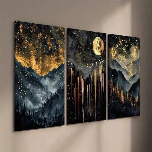 3pcs Abstract Starry Black and Golden Sky Wall Art Set Canvas Framed 40x60cm - High Quality Print 100% Australian Made Wall Canvas Ready to Hang