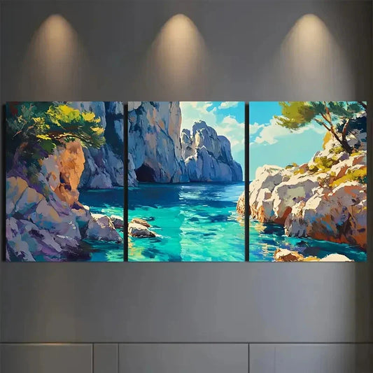 3pcs Vibrant Coastal With Blue Seas & Rocks  Wall Art Set Canvas Framed 40x60cm - High Quality Print 100% Australian Made Wall Canvas Ready to Hang