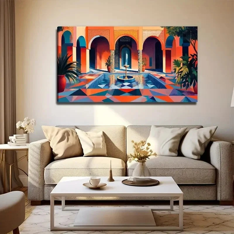 Modern Bohemian Courtyard Lands Wall Art Canvas Office Home Room Framed 120x60cm