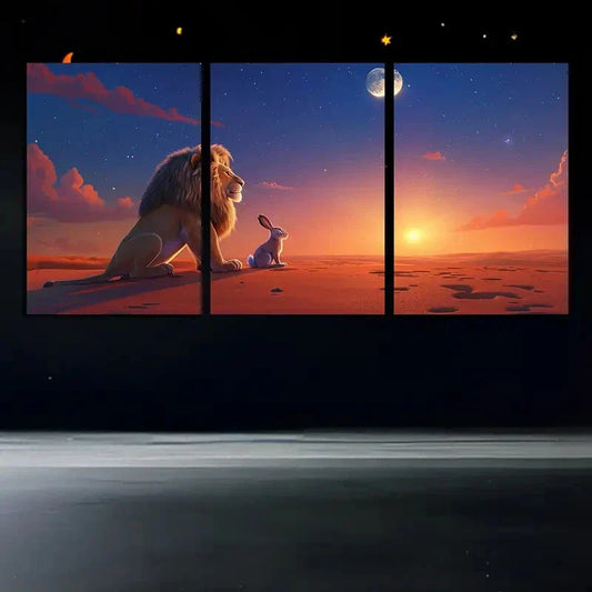 3pcs Lion Rabbit Sunset Modern Art Clouds Metal Print Ready to Hang Art