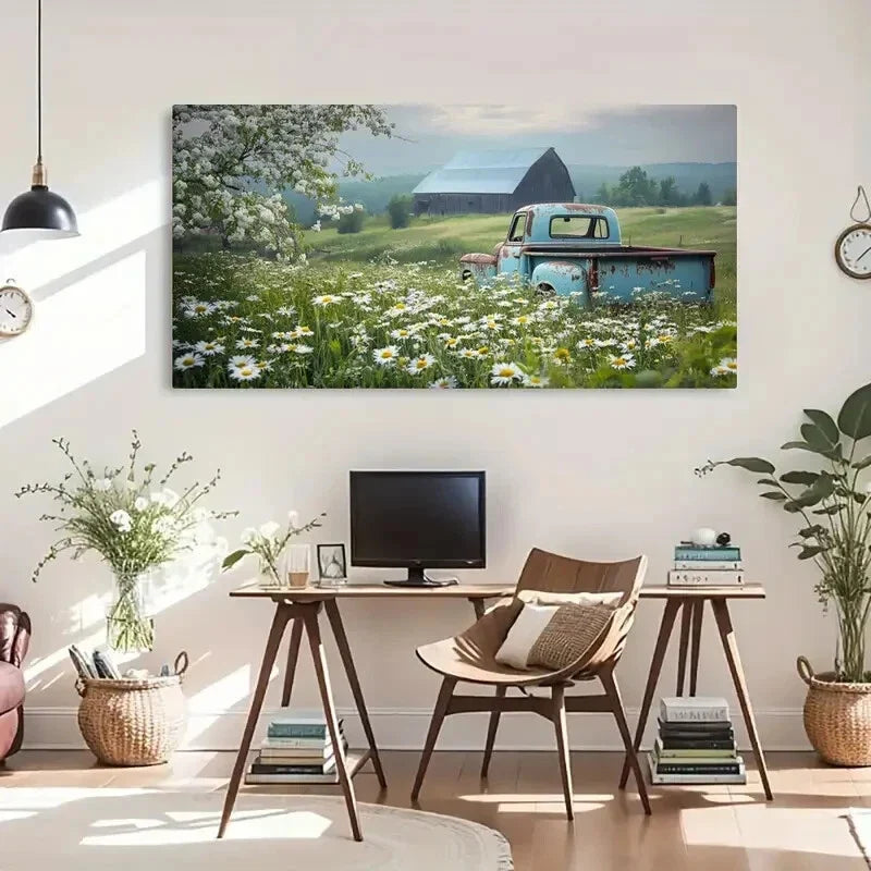Rustic Farmhouse Vintage Truck Wall Art Canvas Office Home Room Framed 80x45cm
