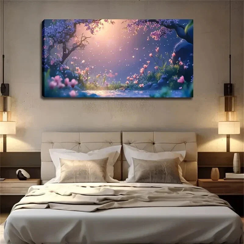 Flowers Grass Landscape Bloom Wall Art Canvas Office Home Room Framed 80x45cm
