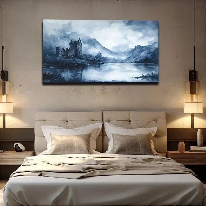 The Lakeside Castle Creative Wall Art Canvas Office Home Room Framed 120x60cm