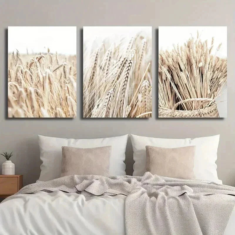 3pcs Rice Dry Wheat Ears Crop Landscape Wall Art Set Canvas Framed 40x60cm - High Quality Print 100% Australian Made Wall Canvas Ready to Hang