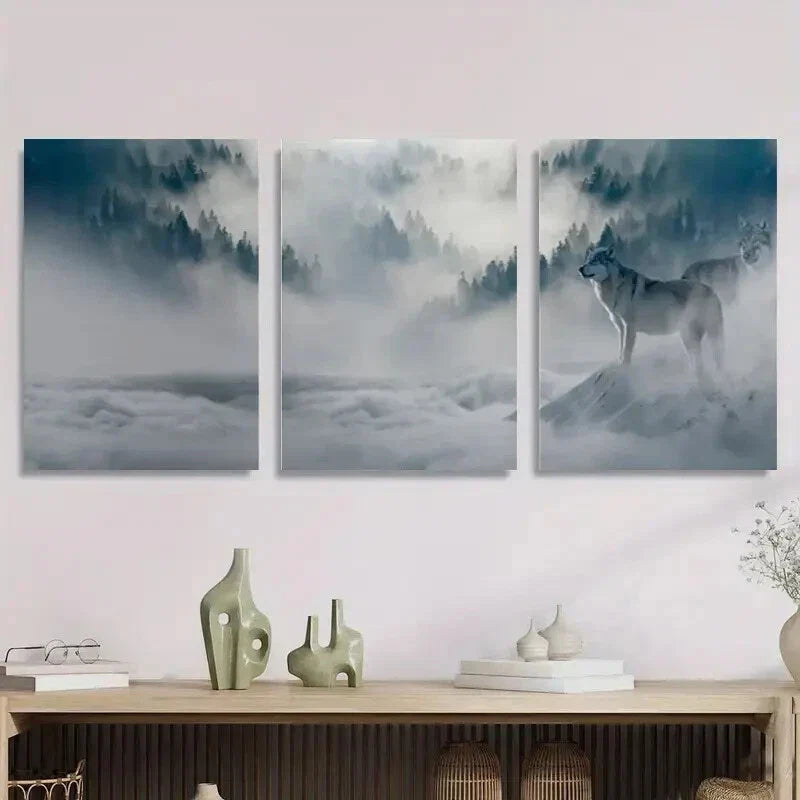 3pcs Wolf in Misty Mountains Majestic Wolf Metal Print Ready to Hang Art