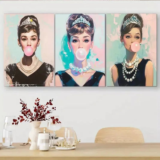 3pcs  Pop - Art Bubblegum Triptych   Wall Art Set Canvas Framed 40x60cm - High Quality Print 100% Australian Made Wall Canvas Ready to Hang
