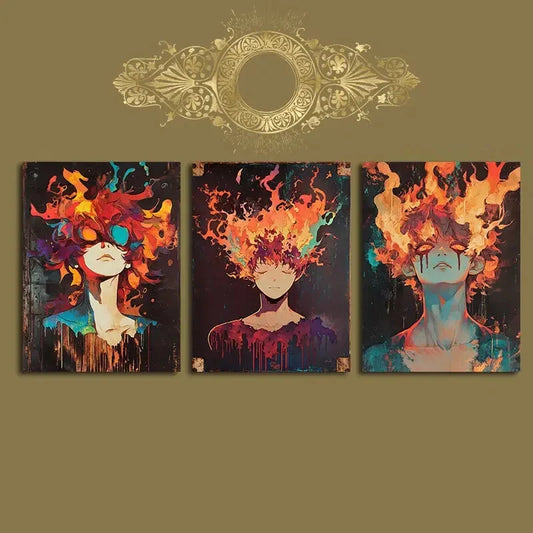3pcs Flame Hero Colourful Painting Metal Print Ready to Hang Art