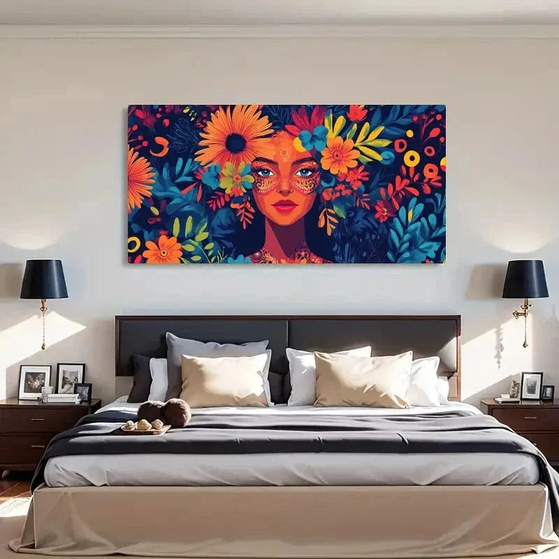Deco Floral Girl Colorful Wall Art Canvas Office Home Room Framed 80x45cm