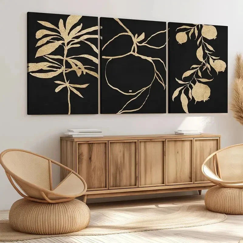 3pcs Abstract Golden Botanical Typography Black Wall Art Set Canvas Framed 40x60cm - High Quality Print 100% Australian Made Wall Canvas Ready to Hang
