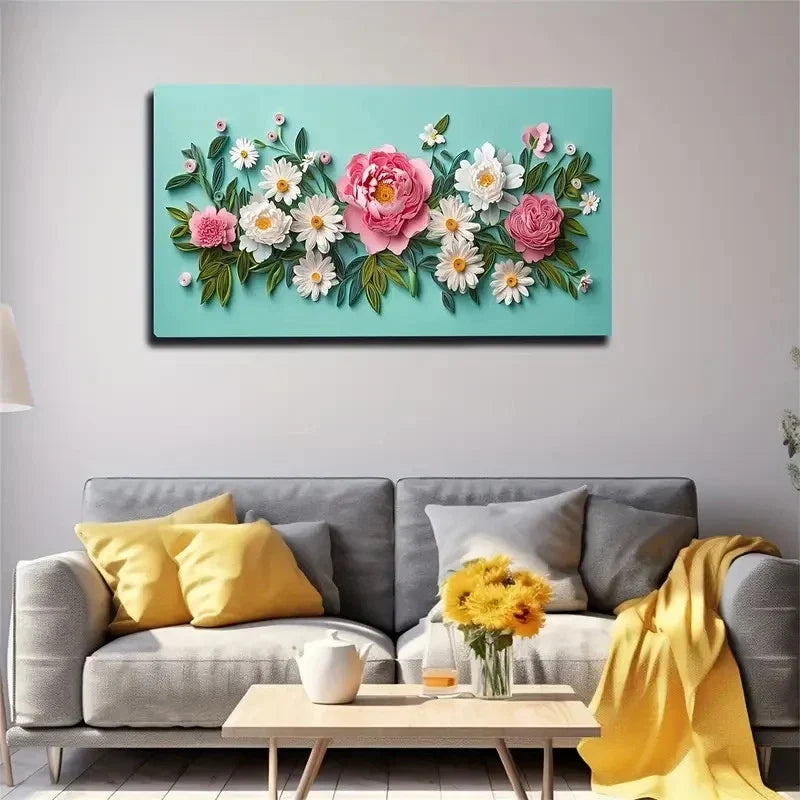 Pink & White Floral Design Wall Art Canvas Office Home Room Framed 120x60cm