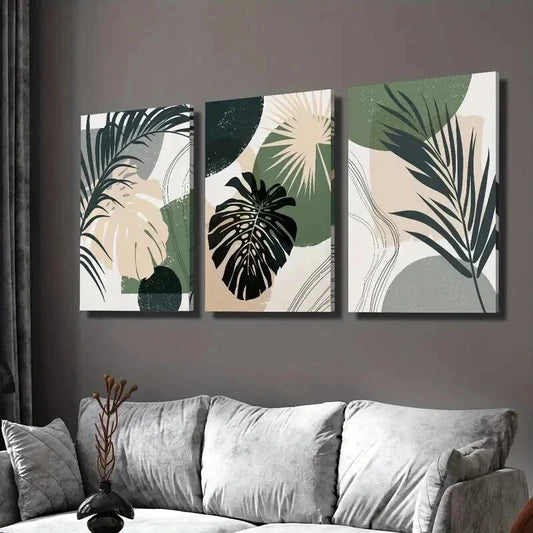 3pcs Boho Green Beige Gray Plant Wall Art Set Canvas Framed 40x60cm - High Quality Print 100% Australian Made Wall Canvas Ready to Hang