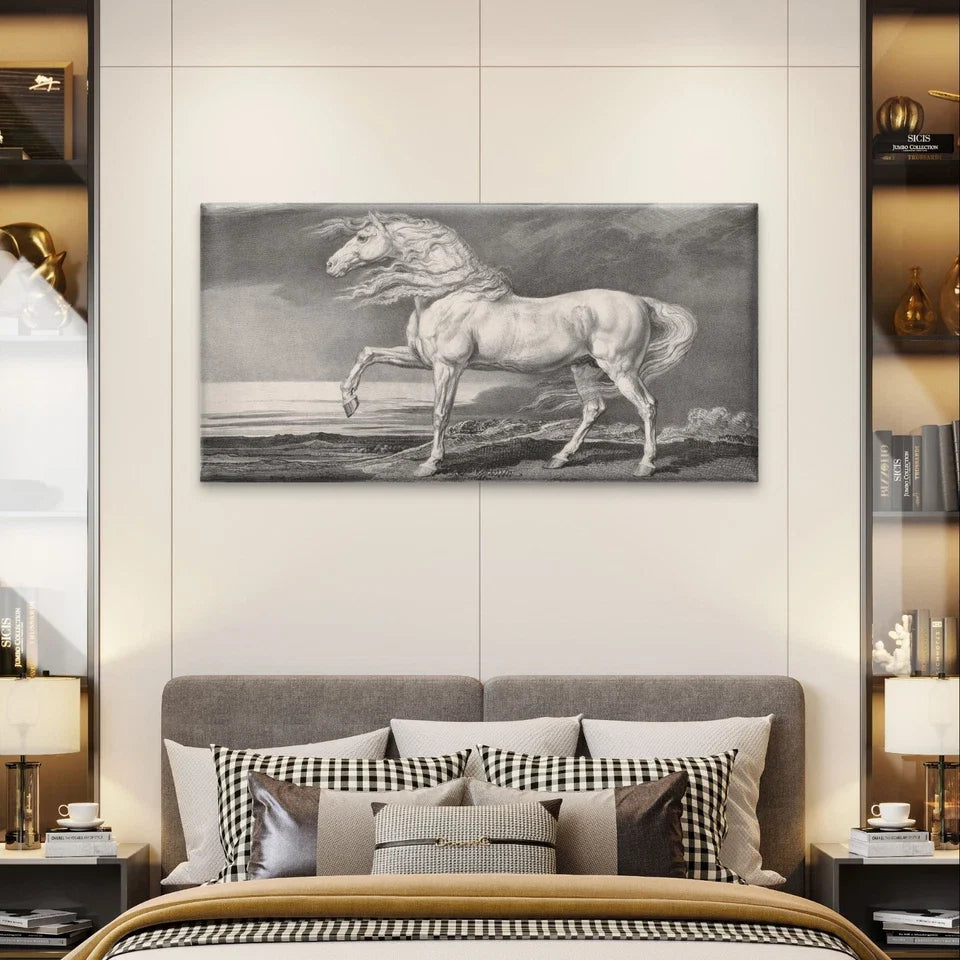 Vintage White Horse Classical Sketch Wall Art Canvas Office Home Framed 120x60cm