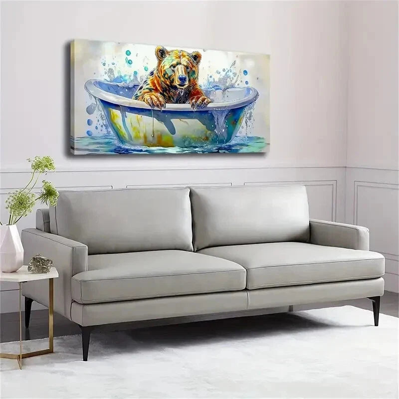 Bear in Bathtub Vibrant Colors Wall Art Canvas Office Home Room Framed 120x60cm