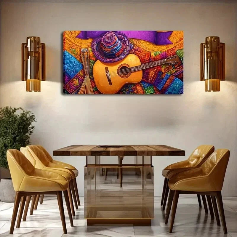 Vibrant Acoustic Guitar Color Wall Art Canvas Office Home Room Framed 80x45cm