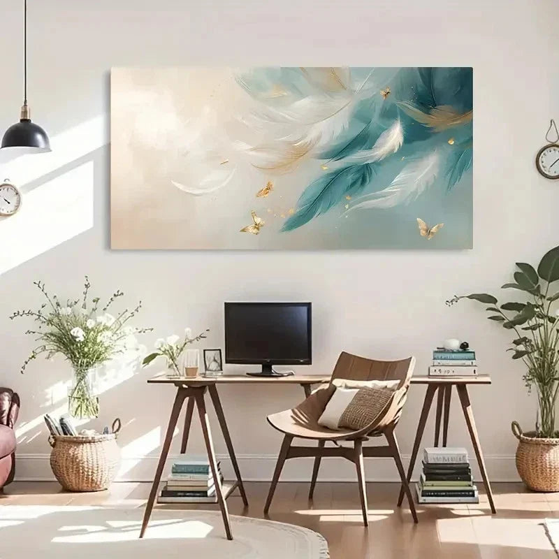 Feather & Golden Butterfly Decor Wall Art Canvas Office Home Room Framed 120x60cm