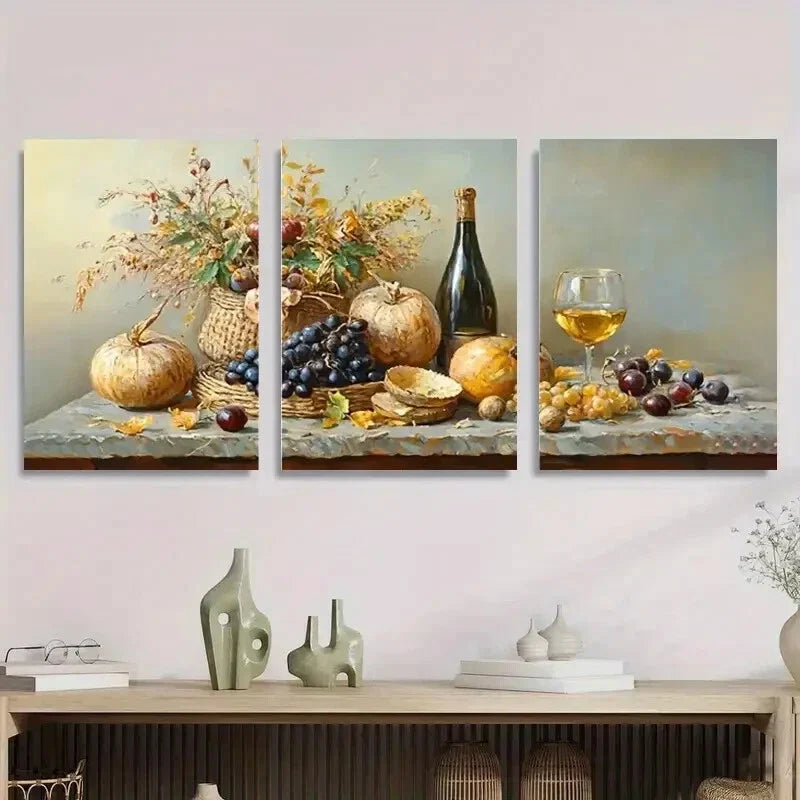 3pcs Autumn Still Life Grapes & Pumpkins Metal Print Ready to Hang Art