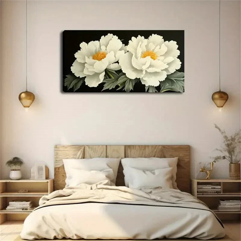 Two Blooming White Peonies Wall Art Canvas Office Home Room Framed 120x60cm