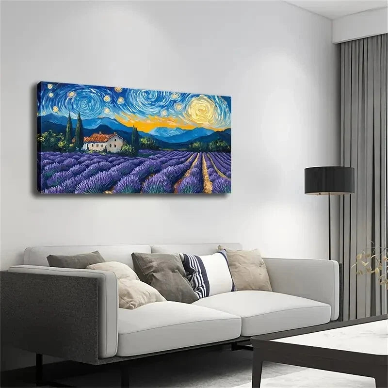 Van Gogh Inspired Purple Starry Wall Art Canvas Office Home Room Framed 120x60cm