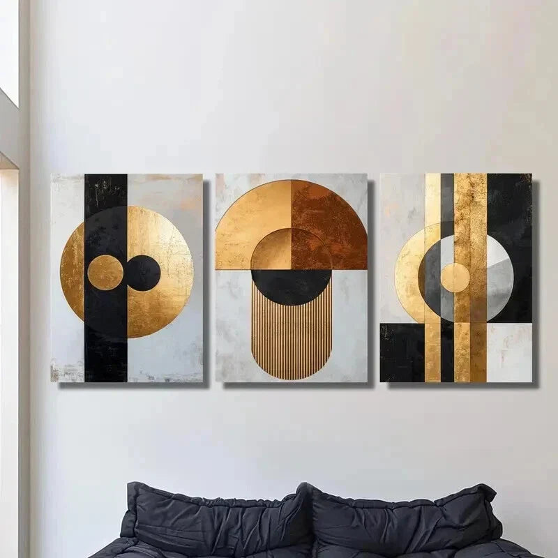 3pcs Golden Black Geometric Marble Texture Wall Art Set Canvas Framed 40x60cm - High Quality Print 100% Australian Made Wall Canvas Ready to Hang