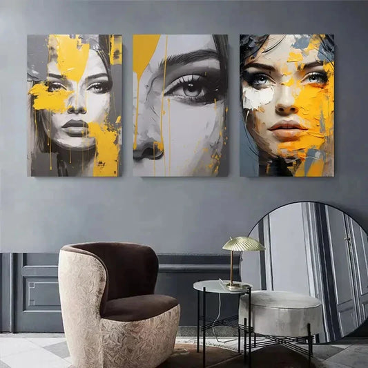 3pcs Geometric Female Portraits with Yellow Metal Print Ready to Hang Art