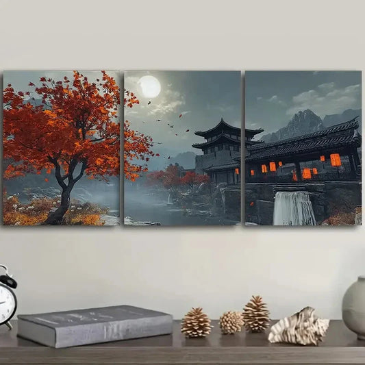3pcs Chinese Style Architecture Home Perfect Wall Art Set Canvas Framed 40x60cm - High Quality Print 100% Australian Made Wall Canvas Ready to Hang