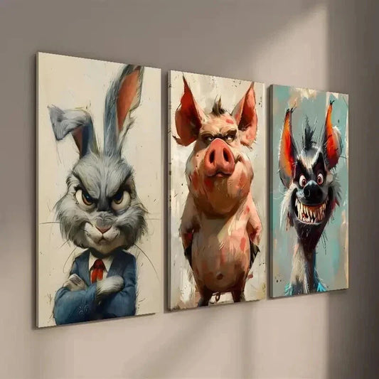 3pcs Bunny in Suit Whimsical Hyena and Pig Wall Art Set Canvas Framed 40x60cm - High Quality Print 100% Australian Made Wall Canvas Ready to Hang