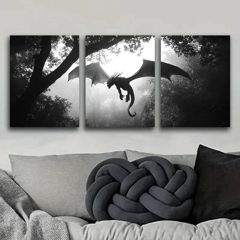 3pcs Dragons in the Sky Dark Fear Danger Wall Art Set Canvas Framed 40x60cm - High Quality Print 100% Australian Made Wall Canvas Ready to Hang