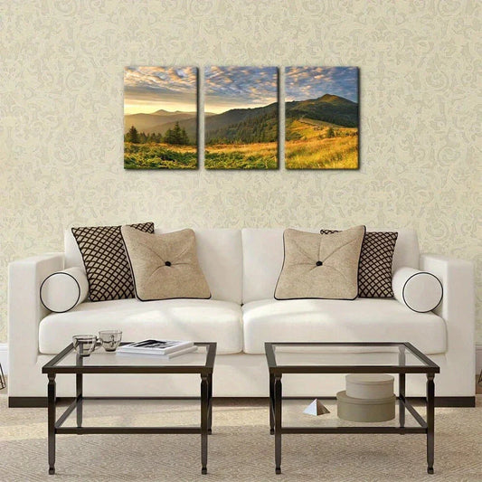 3pcs Sunrise Mountain Vibrant Sky & Golden Metal Print Ready to Hang Art
