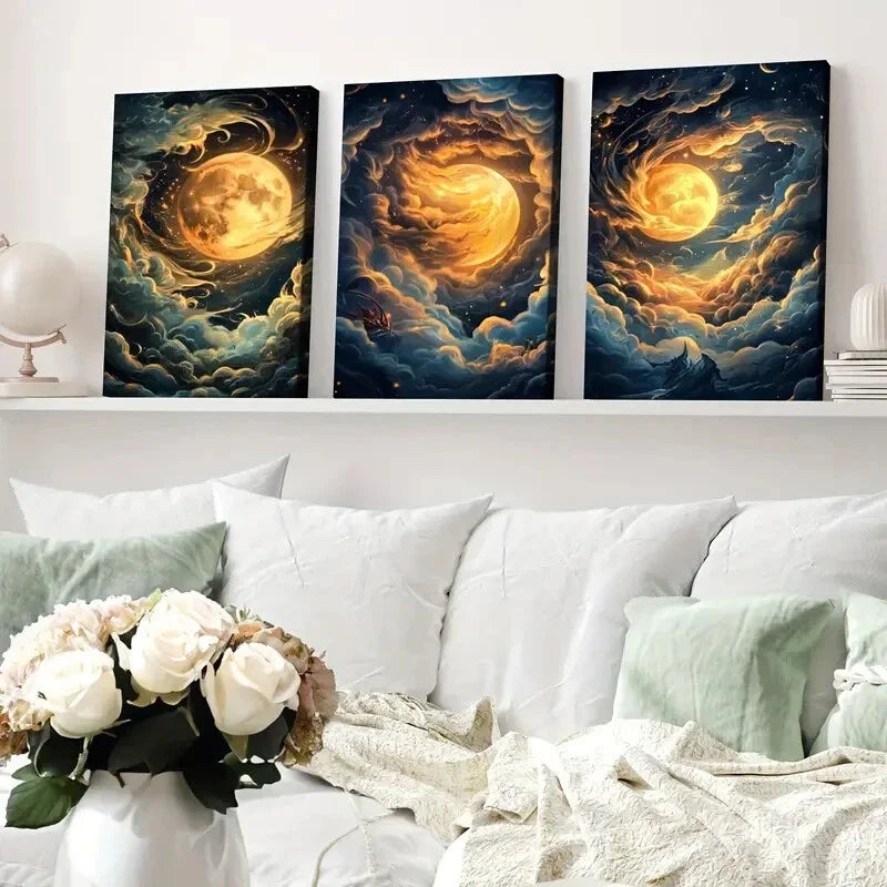 3pcs Night Sky Clouds Stunning Golden Moon Wall Art Set Canvas Framed 40x60cm - High Quality Print 100% Australian Made Wall Canvas Ready to Hang