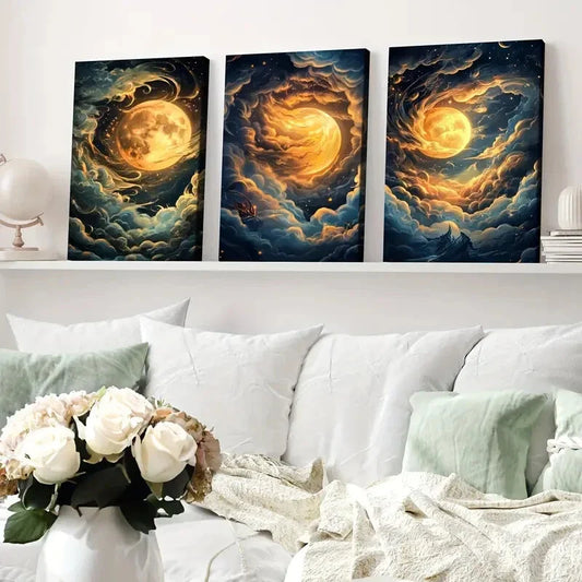 3pcs Night Sky Clouds Stunning Golden Moon Wall Art Set Canvas Framed 40x60cm - High Quality Print 100% Australian Made Wall Canvas Ready to Hang