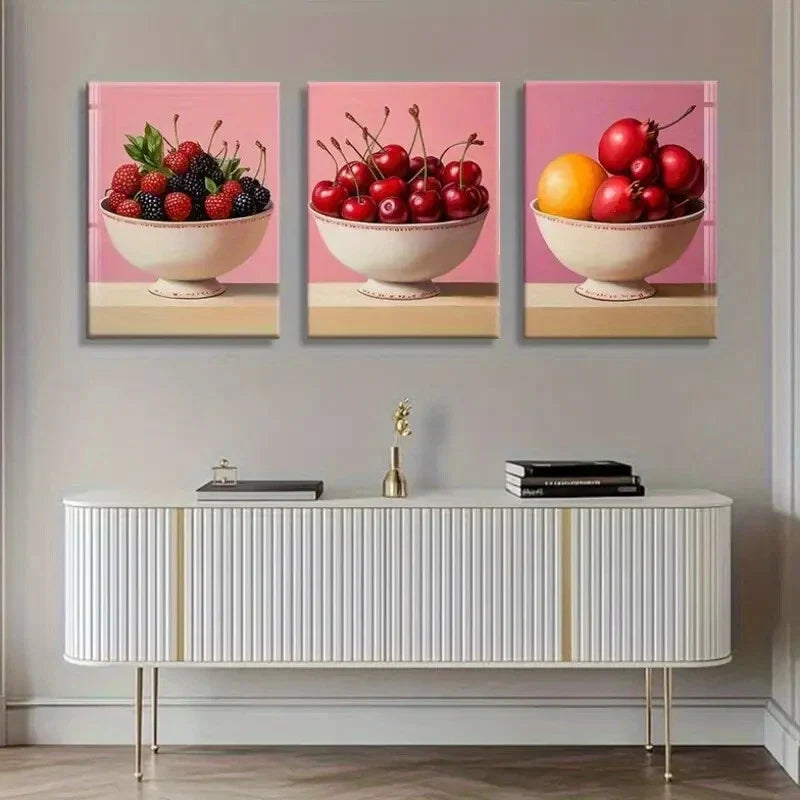 3pcs Citrus Elegant Bowls Vibrant Pink Perfect Wall Art Set Canvas Framed 40x60cm - High Quality Print 100% Australian Made Wall Canvas Ready to Hang
