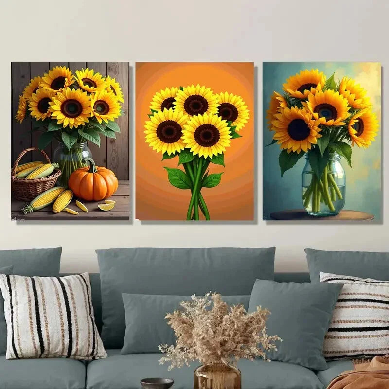 3pcs Vibrant Sunflower Basket of Corn & Pumpkins Metal Print Ready to Hang Art