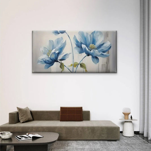 Modern Blue Floral Abstract Wall Art Canvas Office Home Room Framed 80x45cm