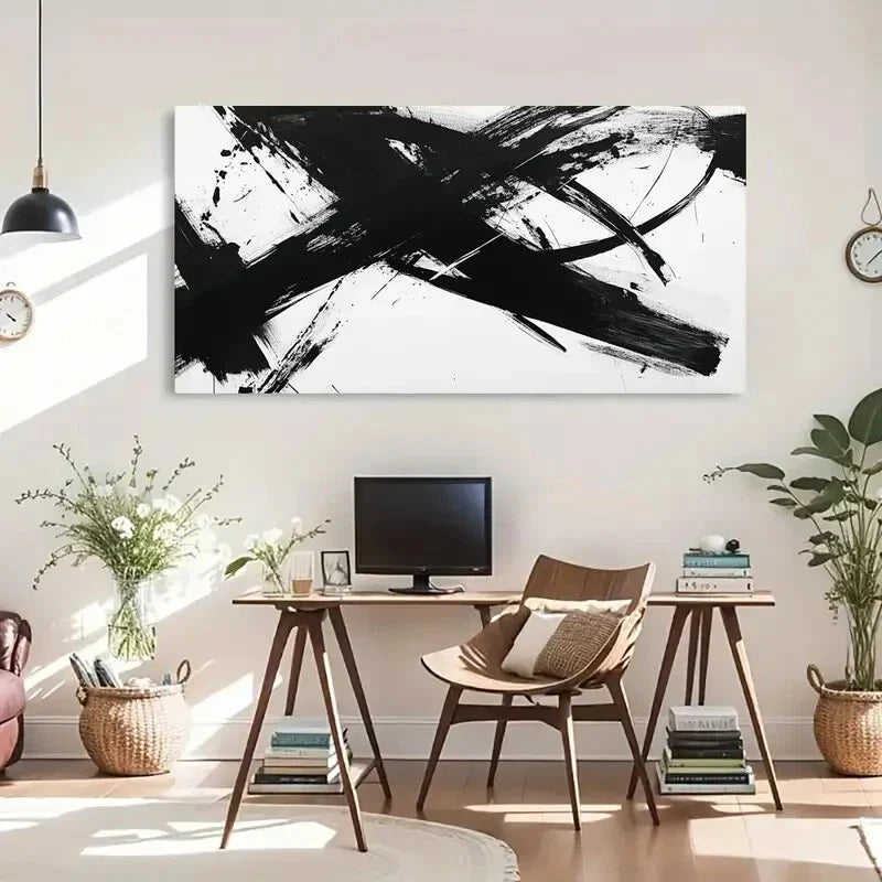 Modern Abstract Dynamic B&W Wall Art Canvas Office Home Room Framed 120x60cm