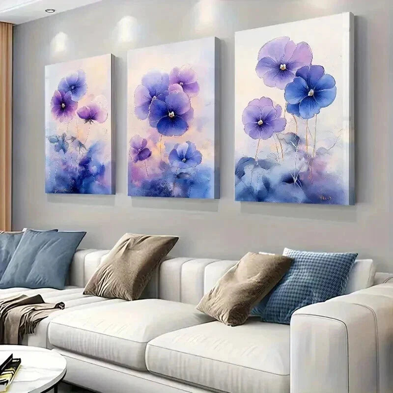 3pcs Pansies with Soft Hues of Lavender and Blue Wall Art Set Canvas Framed 40x60cm - High Quality Print 100% Australian Made Wall Canvas Ready to Hang