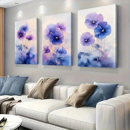 3pcs Pansies with Soft Hues of Lavender and Blue Wall Art Set Canvas Framed 40x60cm - High Quality Print 100% Australian Made Wall Canvas Ready to Hang