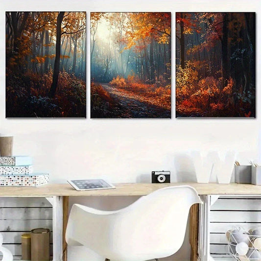 3pcs Mist Autumn Forest Autumn Scenery Metal Print Ready to Hang Art
