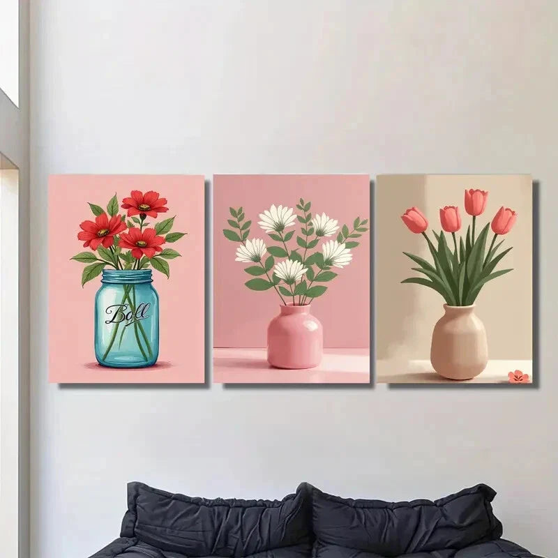 3pcs Flower Vase Designs in Blue, Pink, and Beige Metal Print Ready to Hang Art