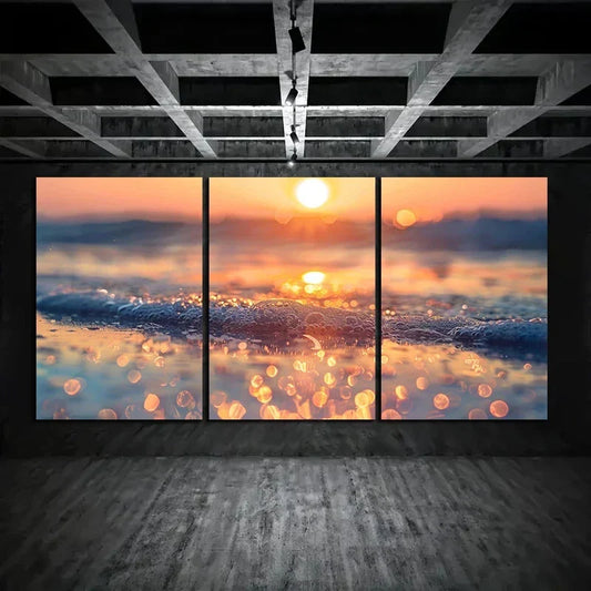 3pcs Sunset Over The Sea Beach Metal Print Ready to Hang Art
