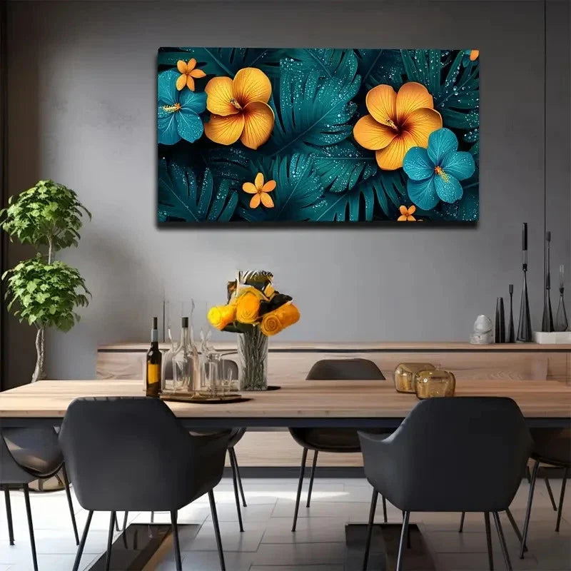 Vibrant Yellow Flowers On Dark Wall Art Canvas Office Home Room Framed 80x45cm
